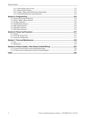 Table of Contents
8 E3 Series Installation/Operation Manual — P/N 9000-0574:L1 03/14/12
4.2.4: Acknowledge Alarm Events............................................................................................................213
4.2.5: Silence System Outputs ...................................................................................................................213
4.2.6: Trouble / Supervisory Off-Normal Acknowledge...........................................................................213
4.2.7: Carbon Monoxide (CO) Alarm Operation.......................................................................................214
Section 5: Programming ...................................................................................................... 215
5.1: MAIN LCD-E3 Menu Selections ..............................................................................................................215
5.2: WALK / DRILL Menu Selection...............................................................................................................215
5.3: I/O Menu Selection....................................................................................................................................216
5.4: CLOCK Menu Selection............................................................................................................................216
5.5: MISC Menu Selection................................................................................................................................216
5.6: LOG Menu Selection .................................................................................................................................216
5.7: INFO Menu Selection................................................................................................................................216
Section 6: Power Up Procedure .......................................................................................... 217
6.1: General.......................................................................................................................................................217
6.2: To Set the System Time .............................................................................................................................217
6.3: Automatic Configuration ...........................................................................................................................217
Section 7: Test and Maintenance ........................................................................................ 219
7.1: Test.............................................................................................................................................................219
7.2: Maintenance...............................................................................................................................................219
Section 8: Power-Limited – Non Power-Limited Wiring.................................................... 221
8.1: E3 Series Control Panel Circuit Wiring Requirements..............................................................................222
8.2: E3 Series Power-Limited and Non Power-Limited Diagram ....................................................................223
Index ...................................................................................................................................... 224
 