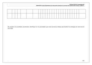Informe final de investigación
PROYECTO: Aulas Equitativas en educación primaria un proceso de construcción social y cultural_
. 139
De acuerdo a los resultados encontrados, identifique la o las prioridades que serán necesarias trabajar para diseñar las estrategias de intervención
en el aula.
 