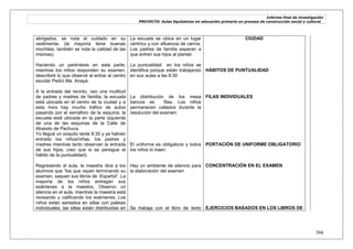 Informe final de investigación
PROYECTO: Aulas Equitativas en educación primaria un proceso de construcción social y cultural_
. 304
abrigados, se nota el cuidado en su
vestimenta; (la mayoría tiene buenas
mochilas, también se nota la calidad de las
mismas).
Haciendo un paréntesis en esta parte;
mientras los niños responden su examen;
describiré lo que observé al entrar al centro
escolar Pedro Ma. Anaya:
A la entrada del recinto, veo una multitud
de padres y madres de familia; la escuela
está ubicada en el centro de la ciudad y a
esta hora hay mucho tráfico de autos
pasando por el semáforo de la esquina; la
escuela está ubicada en la parte izquierda
de una de las esquinas de la Calle de
Abasolo de Pachuca.
Yo llegué un poquito tarde 8:30 y ya habían
entrado los niños/niñas; los padres y
madres mientras tanto observan la entrada
de sus hijos, (veo que si se persigue el
hábito de la puntualidad).
Regresando al aula, la maestra dice a los
alumnos que ―los que vayan terminando su
examen, saquen sus libros de Español‖. La
mayoría de los niños entregan sus
exámenes a la maestra. Observo un
silencia en el aula, mientras la maestra está
revisando y calificando los exámenes. Los
niños están sentados en sillas con paletas
individuales; las sillas están distribuidas en
La escuela se ubica en un lugar
céntrico y con afluencia de carros.
Los padres de familia esperan a
que entren sus hijos al plantel.
La puntualidad en los niños se
identifica porque están trabajando
en sus aulas a las 8:30
La distribución de los mesa
bancos es filas. Los niños
permanecen callados durante la
resolución del examen.
El uniforme es obligatorio y todos
los niños lo traen.
Hay un ambiente de silencio para
la elaboración del examen
Se trabaja con el libro de texto
CIUDAD
HÁBITOS DE PUNTUALIDAD
FILAS INDIVIDUALES
PORTACIÓN DE UNIFORME OBLIGATORIO
CONCENTRACIÓN EN EL EXAMEN
EJERCICIOS BASADOS EN LOS LIBROS DE
 