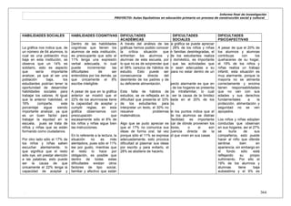 Informe final de investigación
PROYECTO: Aulas Equitativas en educación primaria un proceso de construcción social y cultural_
. 364
HABILIDADES SOCIALES HABILIDADES COGNITIVAS DIFICULTADES
ACADÉMICAS
DIFICULTADES
SOCIALES
DIFICULTADES
PSICOAFECTIVAS
La gráfica nos indica que, de
un número de 64 alumnos, lo
cual es una población muy
baja en esta institución, se
observa que un 14% es
solidario, esto es aspecto
que sería importante
analizar, ya que al ser una
población baja, los
estudiantes podrían tener la
oportunidad de desarrollar
habilidades sociales para
trabajar los valores. Al igual
que la anterior habilidad, el
16% comparte, este
porcentaje sigue siendo
importante analizar, ya que
es un buen factor para
trabajar la equidad en la
escuela, pues se trata de
niños y niñas que se están
formando como ciudadanos.
Por otro lado sólo el 17% de
los niños y niñas saben
escuchar atentamente, lo
que significa que el resto
sólo oye, sin prestar atención
a las palabras, esto puede
ser la causa de que
únicamente el 22% tenga la
capacidad de aceptar y
Dentro de las habilidades
cognitivas que tienen los
alumnos de esta institución,
es preocupante que sólo el
11% tenga una expresión
verbal adecuada, lo cual
puede incrementar las
dificultades de ser
entendidos por los demás, ya
que únicamente el 8%
escribe inteligible.
A pesar de que en la gráfica
anterior se mostró que el
22% de los alumnos/as tiene
la capacidad de aceptar y
cumplir reglas, en esta
gráfica observamos con
preocupación que
escasamente sólo el 8% de
los niños y niñas sigue bien
las instrucciones.
En lo referente a la lectura, la
situación no es más
alentadora, pues sólo el 11%
lee por gusto, mientras que
el resto lo hace por
obligación, es posible que
dentro de todas estas
dificultades existan otros
factores de tipo social,
familiar y afectivo que están
A través del análisis de las
gráficas hemos podido conocer
la crítica situación que
enfrentan los alumnos y
alumnas de esta escuela, por
lo que no es de sorprender que
el 58% carezca de hábitos de
estudio. Esto puede ser
consecuencia directa del
desinterés de los padres y de
su deficiente alimentación.
Esta falta de hábitos de
estudios, se ve reflejada en la
dificultad que presenta el 33%
de los estudiantes para
interpretar un texto, el 30% no
resuelve problemas
matemáticos.
Algo que se pudo apreciar es
que el 17% no comunica sus
ideas de forma oral, tal vez
porque sólo el 11% se expresa
adecuadamente, esto provoca
dificultad al plasmar sus ideas
por escrito y para evitarlo, el
28% se abstiene de hacerlo.
En esta gráfica se puede apreciar
que el 28% de los niños y niñas
vive en familias desintegradas, el
20% de los estudiantes realiza
trabajo doméstico, es importante
saber que las actividades que
realicen sean adecuadas a su
edad, para no estar dentro de un
abuso.
Un aspecto alarmante es que en
el 17% de los hogares se presenta
violencia intrafamiliar, lo cual
puede ser la causa de la timidez
presentada en el 20% de los
alumnos.
Otro de los puntos indica que el
45% de los alumnos se distrae
con facilidad, es importante
identificar de dónde provienen los
distractores, o si son
consecuencia directa de la
realidad que viven en sus casas
A pesar de que el 20% de
los alumnos y alumnas
contribuye con los
quehaceres de su hogar,
el 19% de los niños y
niñas realiza un trabajo
infantil, esta situación es
muy alarmante, porque la
mayoría no se alimenta
correctamente y encima
tienen responsabilidades
que no van con sus
edades y sus derechos
fundamentales a la
protección, alimentación y
seguridad no se ven
apoyados.
Los niños y niñas adoptan
conductas que observan
en sus hogares, así el 27%
se burla de sus
compañeros, esto puede
hacer al niño que ofende
sentirse bien en
apariencia, sin embargo en
el fondo sólo está
reflejando su propio
sufrimiento. Por ello el
19% de los alumnos y
alumnas tiene baja
autoestima y el 9% es
 