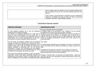 Informe final de investigación
PROYECTO: Aulas Equitativas en educación primaria un proceso de construcción social y cultural_
. 379
haya un sentido crítico con respecto a lo que se propone desde arriba,
que se explique por qué se van a dar esos cambios para hacer una
reforma.
Todo lo anterior, expresa también la necesidad de que el profesorado
madure en su profesión y en lugar de culpar a los otros, a los que les
―heredaron‖ los grupos, deben trabajar en equipo.
CATEGORÍA DE ANÁLISIS: EQUIDAD
ENTREVISTA A PROFESORES OBSERVACIONES EN EL AULA
En esta categoría podemos ver lo que las profesoras
entienden por el concepto de equidad.
Por ejemplo, ser equitativos significa tener un trato igual a
todos sin hacer comparaciones. Esto nos indica que la
equidad se ve como un aspecto de la distribución igual, se
complementa, con ―no hacer comparaciones‖ con los otros,
pero entonces no todos son iguales, existen diferencias.
Por otra parte, ser equitativo, significa que es necesario
respetar las diferencias culturales, aun cuando haya niños
indígenas. Por lo que en esta apreciación, también se ve la
equidad cuando estos niños de procedencia indígena han
logrado ―adaptarse y relacionado bien‖ con sus demás
compañeros y cuando viven situaciones que les implique
compartir sus viviendas con otros compañeros de clase, dada
la situación de la emigración del campo a la ciudad.
Aún cuando hay situaciones precarias, es decir de pobreza
económica, muchos niños tienen aprendidas actitudes de
colaboración, de los padres. Al llegar a la ciudad saben cuán
difícil es ―adaptarse‖ a la vida urbana, sin embargo los padres
6to grado. OBLIGACIÓN DE LA EQUIDAD
El maestro obliga a los alumnos/as a ser ―equitativo‖ con sus demás
compañeros que no tienen dinero para comprar su material.
En silencio y sin ninguna indicación del maestro, los niños que no trajeron el
material empiezan a dar dinero a un compañero para la compra de su
material. Una niña no quiere dar para el mapa porque dice que no tiene
dinero. Su compañera ala desmiente diciendo que sí tiene, porque la vió
comprando afuera.
1ero. Grado.
La maestra facilita materiales para la realización de la tarea. En la mesa los
niños y las niñas toman los útiles que necesitan y lo vuelven a dejar en su
lugar.
Las libretas de los niños son de cuadros. Hay una goma en el escritorio,
cada niño que necesita borrar algo de su cuaderno pasa y lo toma y luego
devuelve la goma,(es una norma de la profesora).
Al llegar a la fila de niños, se confunden y la maestra afirma: - tenían que
ser niños- Los niños y las niñas siguen la lectura y están atentos donde es el
cambio de lectura.
 