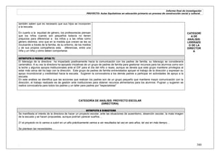 Informe final de investigación
PROYECTO: Aulas Equitativas en educación primaria un proceso de construcción social y cultural_
. 380
CATEGORÍ
A DE
ANÁLISIS:
LIDERAZG
O DE LA
DIRECTOR
A
ENTREVISTA A PADRES (ATLAS TI/
El liderazgo de la directora ha impactado positivamente hacia la comunicación con los padres de familia, su liderazgo se consideraría
carismático. A su vez la directora ha apoyado iniciativas de un grupo de padres de familia para gestionar recursos para los alumnos como son
la leche y algunos apoyos institucionales ante el DIF para el día del niño o reyes, aunque se devela que este grupo mantiene privilegios al
estar más cerca del tra bajo con la dirección. Este grupo de padres de familia entrevistados apoyan el trabajo de la dirección y expresan su
apoyo incondicional y credibilidad hacia la escuela. Sugieren la convocatoria a los demás padres a participar en actividades de apoyo a la
escuela.
En este análisis se identifica que las acciones que realizan los padres son de un grupo pequeño que mantiene mayor comunicación con la
dirección, el trabajo realizado es de gestión ante instituciones para obtener recursos alimentarios para los alumnos. Pugnan y sugieren se
realice convocatoria para todos los padres y un taller para padres por "especialistas"
CATEGORÍA DE ANÁLISIS: PROYECTO ESCOLAR
(DIRECTORA)
ENTREVISTA A DIRECTORA
Se manifiesta el interés de la directora de hacer un proyecto escolar, ante las situaciones de ausentismo, deserción escolar, la mala imagen
de la escuela y se hacen propuestas, aunque podrían parecer sueños…
21 el proyecto no lo vamos a cubrir en un año prácticamente vamos a ver resultados tal vez en seis años, tal vez en más tiempo…
Se plantean las necesidades…
también saben que es necesario que sus hijos se incorporen
a la escuela.
En cuanto a la equidad de género, los profesores/as piensan
que los niños cuando son pequeños todavía no tienen
prejuicios para diferenciar a los niños y a las niñas como
género distintos, sino que en la medida que crecen se les va
inculcando a través de la familia, de su entorno, de los medios
y de sus propios compañeros esta diferencias, entre una
niña y un niña y cómo deben comportarse.
 