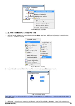 Bibliotecas ElipseX 101
Registrar bibliotecas registradas
12.3.3 Inserindo um XControl na Tela
1. Na TelaCristalizacao, insira quatro objetos do tipo Valvula. Na área da Tela, clique com o botão direito do mouse e
selecione o item Inserir - Valvula.
Inserir XControl em uma Tela
2. Outro método de inserir um XControl em uma Tela é arrastá-lo do grupo Bibliotecas na Galeria.
Grupo Bibliotecas da Galeria
NOTA: Após inserir um XControl em uma Tela, ele se comporta como um objeto de Tela e pode ser copiado, arrastado ou
redimensionado.
3. Para testar o funcionamento do objeto Valvula, altere a propriedade Estado e Remoto na lista de propriedades. A cor
 