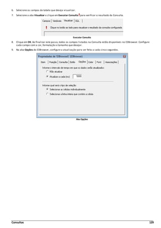 Consultas 129
6. Selecione os campos da tabela que deseja visualizar.
7. Selecione a aba Visualizar e clique em Executar Consulta para verificar o resultado da Consulta.
Executar Consulta
8. Clique em OK. Ao finalizar este passo, todos os campos listados na Consulta estão disponíveis no E3Browser. Configure
cada campo com a cor, formatação e tamanho que desejar.
9. Na aba Opções do E3Browser, configure a atualização para ser feita a cada cinco segundos.
Aba Opções
 