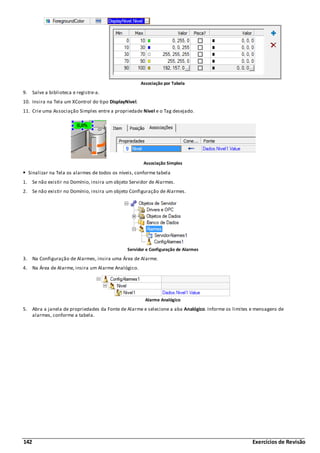 142 Exercícios de Revisão
Associação por Tabela
9. Salve a biblioteca e registre-a.
10. Insira na Tela um XControl do tipo DisplayNivel.
11. Crie uma Associação Simples entre a propriedade Nivel e o Tag desejado.
Associação Simples
Sinalizar na Tela os alarmes de todos os níveis, conforme tabela
1. Se não existir no Domínio, insira um objeto Servidor de Alarmes.
2. Se não existir no Domínio, insira um objeto Configuração de Alarmes.
Servidor e Configuração de Alarmes
3. Na Configuração de Alarmes, insira uma Área de Alarme.
4. Na Área de Alarme, insira um Alarme Analógico.
Alarme Analógico
5. Abra a janela de propriedades da Fonte de Alarme e selecione a aba Analógico. Informe os limites e mensagens de
alarmes, conforme a tabela.
 