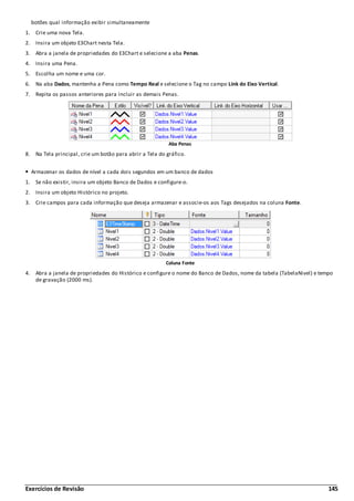 Exercícios de Revisão 145
botões qual informação exibir simultaneamente
1. Crie uma nova Tela.
2. Insira um objeto E3Chart nesta Tela.
3. Abra a janela de propriedades do E3Chart e selecione a aba Penas.
4. Insira uma Pena.
5. Escolha um nome e uma cor.
6. Na aba Dados, mantenha a Pena como Tempo Real e selecione o Tag no campo Link do Eixo Vertical.
7. Repita os passos anteriores para incluir as demais Penas.
Aba Penas
8. Na Tela principal, crie um botão para abrir a Tela do gráfico.
Armazenar os dados de nível a cada dois segundos em um banco de dados
1. Se não existir, insira um objeto Banco de Dados e configure-o.
2. Insira um objeto Histórico no projeto.
3. Crie campos para cada informação que deseja armazenar e associe-os aos Tags desejados na coluna Fonte.
Coluna Fonte
4. Abra a janela de propriedades do Histórico e configure o nome do Banco de Dados, nome da tabela (TabelaNivel) e tempo
de gravação (2000 ms).
 
