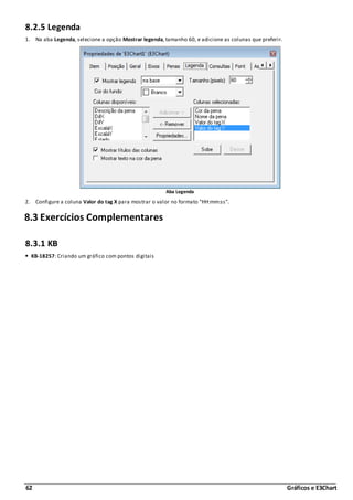 62 Gráficos e E3Chart
8.2.5 Legenda
1. Na aba Legenda, selecione a opção Mostrar legenda, tamanho 60, e adicione as colunas que preferir.
Aba Legenda
2. Configure a coluna Valor do tag X para mostrar o valor no formato "HH:mm:ss".
8.3 Exercícios Complementares
8.3.1 KB
KB-18257: Criando um gráfico com pontos digitais
 