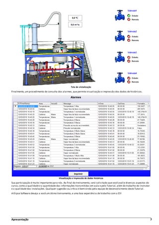 Apresentação 7
Tela de cristalização
Finalmente, um procedimento de consulta dos alarmes, que permite visualização e impressão dos dados de históricos.
Visualização e impressão de dados históricos
Sua participação é muito importante para nós. Ao final do treinamento, será solicitado que você avalie diversos aspectos do
curso, como a qualidade e a quantidade das informações transmitidas em aula e pelo Tutorial, além do trabalho do instrutor
e a qualidade das instalações. Qualquer sugestão ou crítica é bem-vinda pela equipe de desenvolvimento deste Tutorial.
A Elipse Software deseja a você um ótimo treinamento, e uma boa experiência de trabalho com o E3!
 