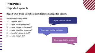 Report what Bryce said about each topic using reported speech.
What did Bryce say about...
1 … how he feels?
2 … what he did yesterday?
3 … what he saw underwater?
4 … what he will do tomorrow?
5 … how he’s going to feel?
6 … what he can do?
Reported speech
PREPARE
Bryce said that he felt...
Bryce said that he had seen...
Bryce said that he would...
 