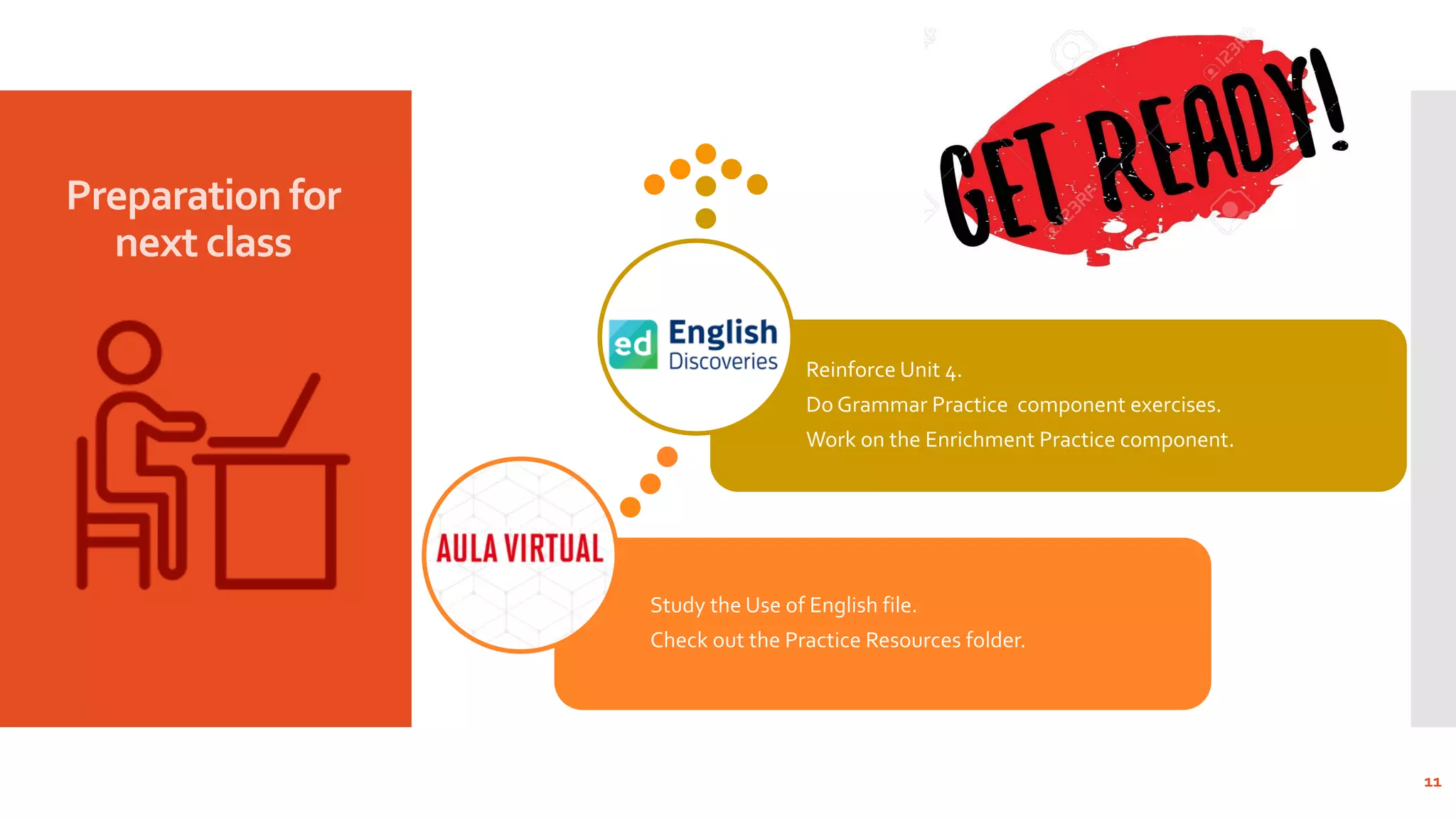 Preparation for
next class
11
Study the Use of English file.
Check out the Practice Resources folder.
Reinforce Unit 4.
Do Grammar Practice component exercises.
Work on the Enrichment Practice component.
 
