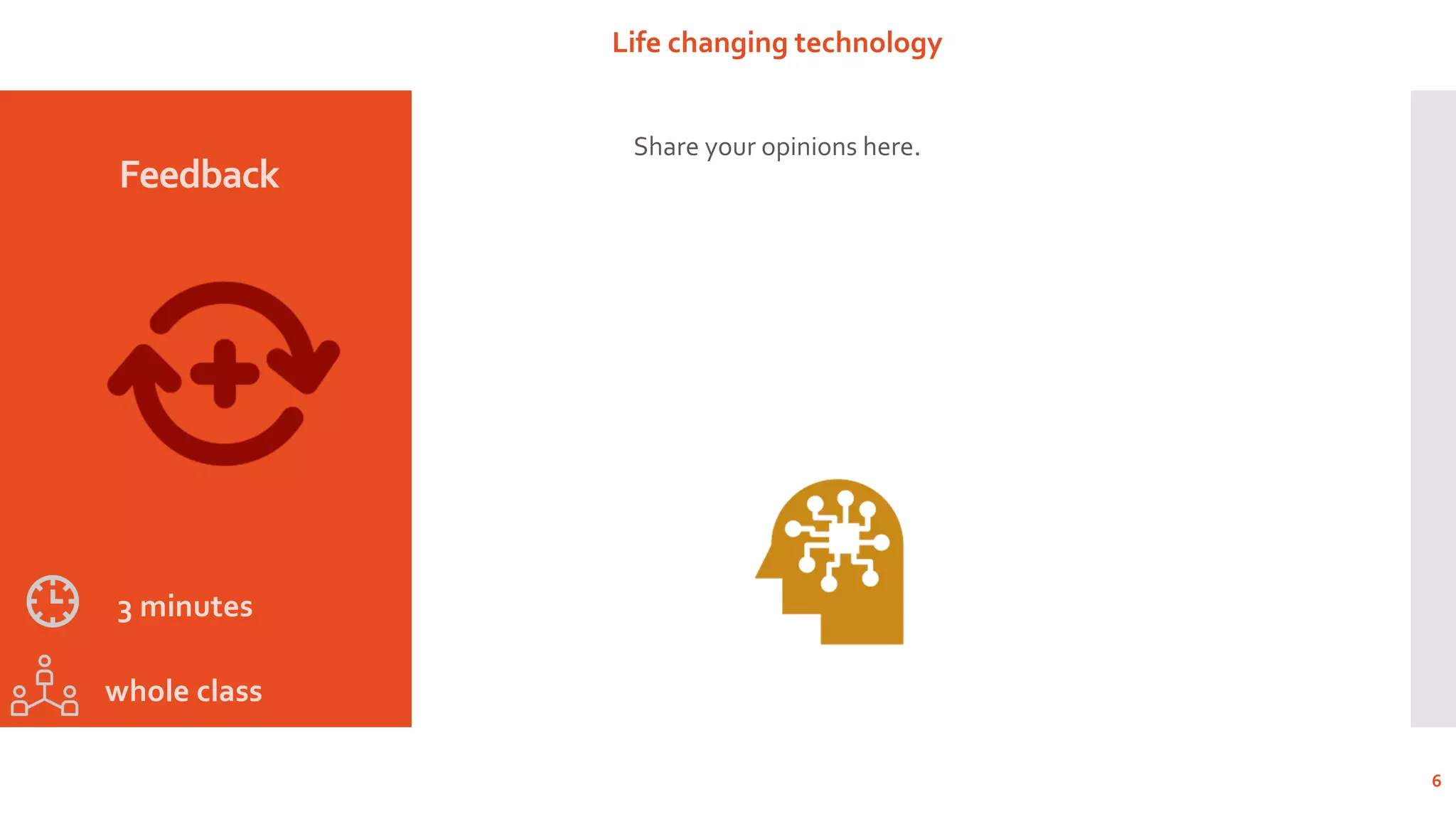 Feedback
6
3 minutes
Share your opinions here.
whole class
Life changing technology
 