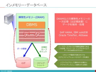 ソフトウェアとして提供される場合と
アプライアンスとして提供される場合
ハードディスクなどの不揮発性媒体である
二次記憶（ストレージ）にリアルタイムで
データの永続化を行わない
リセットや電源が切断されても
ログとスナップショットからデータを復元
インメモリー・データベース
DBMS
揮発性メモリー(DRAM)
スナップ
ショット
ログ
データ更新
定期的
セーフ
ポイント
SAP HANA, IBM solidDB
Oracle TimeTen, Altibase
・・・
DRAMなどの揮発性メモリーの
一次記憶（主記憶装置）に
データを保持・処理
データ
 