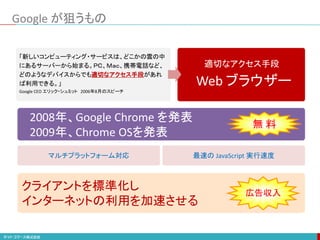 Google が狙うもの
「新しいコンピューティング・サービスは、どこかの雲の中
にあるサーバーから始まる。ＰＣ、Ｍａｃ、携帯電話など、
どのようなデバイスからでも適切なアクセス手段があれ
ば利用できる。」
Google CEO エリック・シュミット 2006年8月のスピーチ
適切なアクセス手段
Web ブラウザー
2008年、Google Chrome を発表
2009年、Chrome OSを発表
マルチプラットフォーム対応 最速の JavaScript 実行速度
クライアントを標準化し
インターネットの利用を加速させる
無 料
広告収入
 