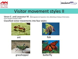 Visitor movement styles II
Veron E. and Levasseur M. (Ethnographie de l'exposition, Paris, Bibliothèque Publique d'Information,
Centre Georges Pompidou (1983)
Classified visitor movements into four styles:
ant fish
grasshopper butterfly
 
