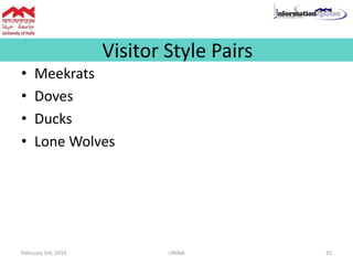 Visitor Style Pairs
• Meekrats
• Doves
• Ducks
• Lone Wolves
February 3rd, 2016 UNINA 25
 