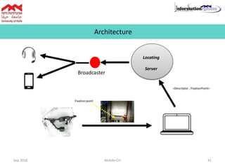 Architecture
Fixation point
<Descriptor , FixationPoint>
Sep 2016 Mobile-CH 41
Broadcaster
Locating
Server
 