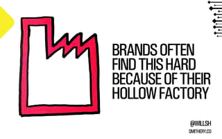 BRANDS OFTEN 
FIND THIS HARD 
BECAUSE OF THEIR 
HOLLOW FACTORY 
@WILLSH 
SMITHERY.CO 
 