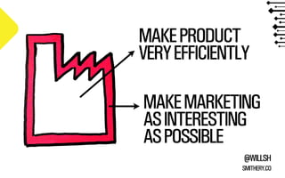 MAKE PRODUCT 
VERY EFFICIENTLY 
MAKE MARKETING 
AS INTERESTING 
AS POSSIBLE 
@WILLSH 
SMITHERY.CO 
 