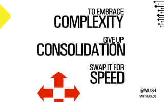 @WILLSH 
SMITHERY.CO 
TO EMBRACE COMPLEXITY 
GIVE UP CONSOLIDATION 
SWAP IT FOR 
SPEED 
 