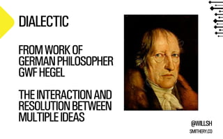 @WILLSH 
SMITHERY.CO 
DIALECTIC 
FROM WORK OF 
GERMAN PHILOSOPHER 
GWF HEGEL 
!THE INTERACTION AND 
RESOLUTION BETWEEN 
MULTIPLE IDEAS 
 