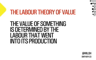 @WILLSH 
SMITHERY.CO 
THE LABOUR THEORY OF VALUE 
!THE VALUE OF SOMETHING 
IS DETERMINED BY THE 
LABOUR THAT WENT 
INTO ITS PRODUCTION 
 