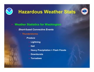 Hazardous Weather Stats

• Weather Statistics for Washington
   – Short-fused Convective Events
      • Thunderstorms
          – Produce
             » Lightning
             » Hail
             » H
               Heavy P
                     Precipitation > Flash Floods
                         i it ti     Fl h Fl d
             » Downbursts
             » Tornadoes
 
