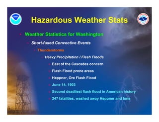 Hazardous Weather Stats
• Weather Statistics for Washington
   – Short-fused Convective Events
      • Thunderstorms
          – Heavy Precipitation / Flash Floods
              » East of the Cascades concern
              » Flash Flood prone areas
              » Heppner, Ore Flash Flood
              » June 14, 1903
                     14
              » Second deadliest flash flood in American history
              » 247 fatalities, washed away Heppner and Ione
 