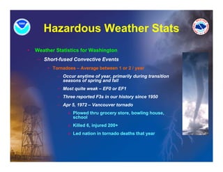 Hazardous Weather Stats
•   Weather Statistics for Washington
     – Short-fused Convective Events
         • Tornadoes – Average between 1 or 2 / year
             – O
               Occur anytime of year, primarily during transition
                        ti     f        i   il d i     t    iti
               seasons of spring and fall
             – Most quite weak – EF0 or EF1
             – Three reported F3s in our history since 1950
             – Apr 5, 1972 – Vancouver tornado
                  » Plowed thru grocery store, bowling house,
                    school
                  » Killed 6, injured 200+
                  » Led nation in tornado deaths that year
 