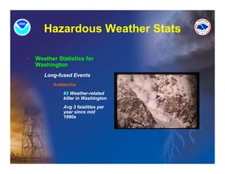 Hazardous Weather Stats

•   Weather Statistics for
    Washington
    – Long-fused Events
      Long fused
        • Avalanche
            – #2 Weather-related
              killer in Washington
            – Avg 3 fatalities per
              year since mid
              1990s
 
