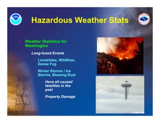 Hazardous Weather Stats

•   Weather Statistics for
    Washington
    – Long-fused Events
      Long fused
        • Landslides, Wildfires,
          Dense Fog
        • Winter Storms / Ice
          Storms, Blowing Dust
            – Have all caused
              fatalities i th
              f t liti in the
              past
            – Property Damage
 