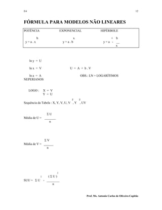 E4 12
Prof. Ms. Antonio Carlos de Oliveira Capitão
FÓRMULA PARA MODELOS NÃO LINEARES
POTÊNCIA EXPONENCIAL HIPÉRBOLE
b x + b
y = a . x y = a . b y = a - __
x
ln y = U
ln x = V U = A + b . V
ln a = A OBS.: LN = LOGARÍTIMOS
NEPERIANOS
LOGO : X = V
Y = U
2 2
Sequência da Tabela : X, Y, V, U, V , Y , UV
Σ U
Média de U = _______
n
Σ V
Média de V = ______
n
2
2 ( Σ U )
SUU = Σ U - ________
n
 