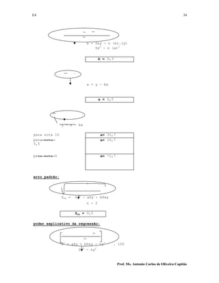 E4 34
Prof. Ms. Antonio Carlos de Oliveira Capitão
b = Sxy - n (x).(y)
Sx2
- n (x)2
b = 0,3
a = y - bx
a = 0,5
y = a + bx
para nota 10 x= 31,7
para nota
5,5
x= 16,7
para nota 0 x= -1,7
erro padrão:
Sxy = Sy2
- aSy - bSxy
n - 2
Sxy = 0,5
poder explicativo da regressão:
R2
= aSy + bSxy - ny2
. 100
Sy2
- ny2
 
