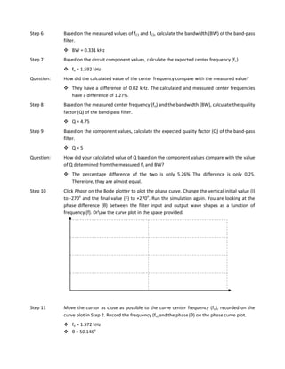 Step 6      Based on the measured values of fC1 and fC2, calculate the bandwidth (BW) of the band-pass
            filter.
             BW = 0.331 kHz
Step 7      Based on the circuit component values, calculate the expected center frequency (fo)
             fo = 1.592 kHz
Question:   How did the calculated value of the center frequency compare with the measured value?
             They have a difference of 0.02 kHz. The calculated and measured center frequencies
              have a difference of 1.27%.
Step 8      Based on the measured center frequency (fo) and the bandwidth (BW), calculate the quality
            factor (Q) of the band-pass filter.
             Q = 4.75
Step 9      Based on the component values, calculate the expected quality factor (Q) of the band-pass
            filter.
             Q=5
Question:   How did your calculated value of Q based on the component values compare with the value
            of Q determined from the measured fo and BW?
             The percentage difference of the two is only 5.26% The difference is only 0.25.
              Therefore, they are almost equal.
Step 10     Click Phase on the Bode plotter to plot the phase curve. Change the vertical initial value (I)
            to -270o and the final value (F) to +270o. Run the simulation again. You are looking at the
            phase difference (θ) between the filter input and output wave shapes as a function of
            frequency (f). Draw the curve plot in the space provided.




Step 11     Move the cursor as close as possible to the curve center frequency (fo), recorded on the
            curve plot in Step 2. Record the frequency (fo) and the phase (θ) on the phase curve plot.
             fo = 1.572 kHz
             θ = 50.146o
 
