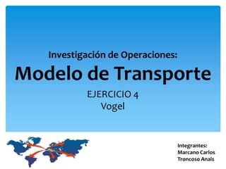 Integrantes:
Marcano Carlos
Troncoso Anais
Investigación de Operaciones:
Modelo de Transporte
EJERCICIO 4
Vogel
 