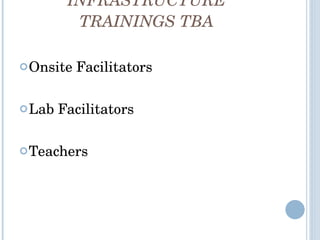 INFRASTRUCTURE TRAININGS TBA Onsite Facilitators Lab Facilitators Teachers 