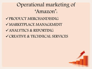 Operational marketing of
‘Amazon’:
PRODUCT MERCHANDISING
MARKETPLACE MANAGEMENT
ANALYTICS & REPORTING
CREATIVE & TECHNICAL SERVICES
 