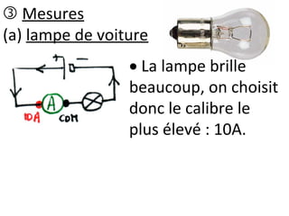  Mesures
(a) lampe de voiture
 La lampe brille
beaucoup, on choisit
donc le calibre le
plus élevé : 10A.
 