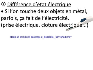  Différence d’état électrique
 Si l’on touche deux objets en métal,
parfois, ça fait de l’électricité.
(prise électrique, clôture électrique...)
Régis se prend une décharge d_électricité_(converted).mov
 