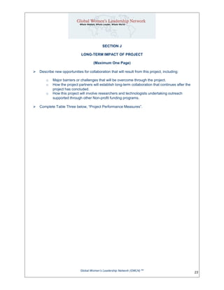 SECTION J
LONG-TERM IMPACT OF PROJECT
(Maximum One Page)
 Describe new opportunities for collaboration that will result from this project, including:
o Major barriers or challenges that will be overcome through the project.
o How the project partners will establish long-term collaboration that continues after the
project has concluded.
o How this project will involve researchers and technologists undertaking outreach
supported through other Non-profit funding programs.
 Complete Table Three below, “Project Performance Measures”.
Global Women’s Leadership Network (GWLN) SM
23
 