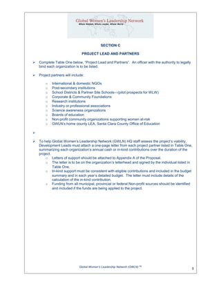 SECTION C
PROJECT LEAD AND PARTNERS
 Complete Table One below, “Project Lead and Partners”. An officer with the authority to legally
bind each organization is to be listed.
 Project partners will include:
o International & domestic NGOs
o Post-secondary institutions
o School Districts & Partner Site Schools—(pilot prospects for WLW)
o Corporate & Community Foundations
o Research institutions
o Industry or professional associations
o Science awareness organizations
o Boards of education
o Non-profit community organizations supporting women at-risk
o GWLN’s home county LEA, Santa Clara County Office of Education

 To help Global Women’s Leadership Network (GWLN) HQ staff assess the project’s viability,
Development Leads must attach a one-page letter from each project partner listed in Table One,
summarizing each organization’s annual cash or in-kind contributions over the duration of the
project.
o Letters of support should be attached to Appendix A of the Proposal.
o The letter is to be on the organization’s letterhead and signed by the individual listed in
Table One.
o In-kind support must be consistent with eligible contributions and included in the budget
summary and in each year’s detailed budget. The letter must include details of the
calculation of the in-kind contribution.
o Funding from all municipal, provincial or federal Non-profit sources should be identified
and included if the funds are being applied to the project.
Global Women’s Leadership Network (GWLN) SM
5
 