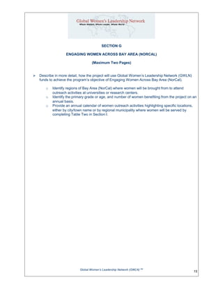 SECTION G
ENGAGING WOMEN ACROSS BAY AREA (NORCAL)
(Maximum Two Pages)
 Describe in more detail, how the project will use Global Women’s Leadership Network (GWLN)
funds to achieve the program’s objective of Engaging Women Across Bay Area (NorCal).
o Identify regions of Bay Area (NorCal) where women will be brought from to attend
outreach activities at universities or research centers.
o Identify the primary grade or age, and number of women benefiting from the project on an
annual basis.
o Provide an annual calendar of women outreach activities highlighting specific locations,
either by city/town name or by regional municipality where women will be served by
completing Table Two in Section I.
Global Women’s Leadership Network (GWLN) SM
15
 