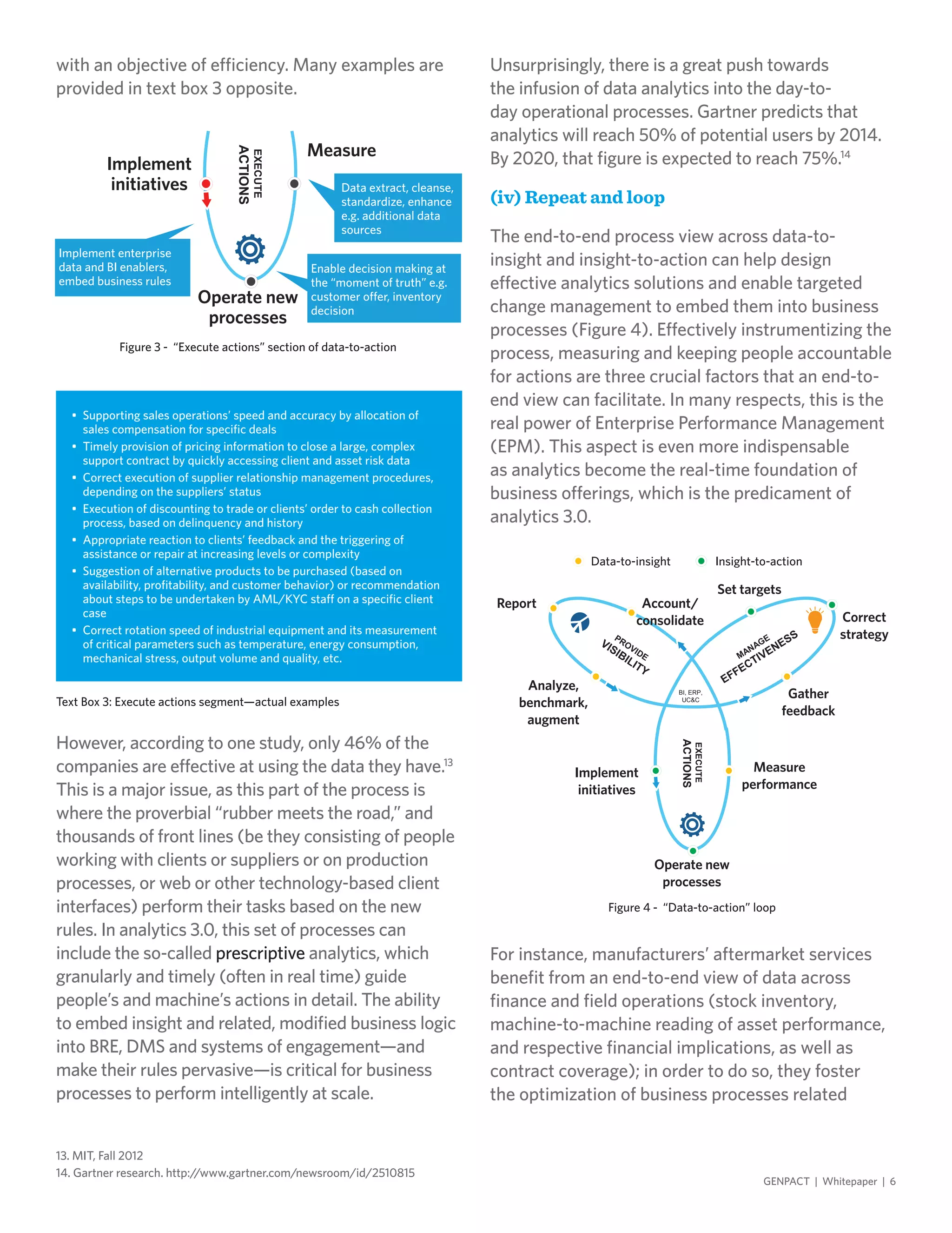 13. MIT, Fall 2012
14. Gartner research. http://www.gartner.com/newsroom/id/2510815
with an objective of efficiency. Many examples are
provided in text box 3 opposite.
Unsurprisingly, there is a great push towards
the infusion of data analytics into the day-to-
day operational processes. Gartner predicts that
analytics will reach 50% of potential users by 2014.
By 2020, that figure is expected to reach 75%.14
(iv) Repeat and loop
The end-to-end process view across data-to-
insight and insight-to-action can help design
effective analytics solutions and enable targeted
change management to embed them into business
processes (Figure 4). Effectively instrumentizing the
process, measuring and keeping people accountable
for actions are three crucial factors that an end-to-
end view can facilitate. In many respects, this is the
real power of Enterprise Performance Management
(EPM). This aspect is even more indispensable
as analytics become the real-time foundation of
business offerings, which is the predicament of
analytics 3.0.
GENPACT | Whitepaper | 6
However, according to one study, only 46% of the
companies are effective at using the data they have.13
This is a major issue, as this part of the process is
where the proverbial “rubber meets the road,” and
thousands of front lines (be they consisting of people
working with clients or suppliers or on production
processes, or web or other technology-based client
interfaces) perform their tasks based on the new
rules. In analytics 3.0, this set of processes can
include the so-called prescriptive analytics, which
granularly and timely (often in real time) guide
people’s and machine’s actions in detail. The ability
to embed insight and related, modified business logic
into BRE, DMS and systems of engagement—and
make their rules pervasive—is critical for business
processes to perform intelligently at scale.
Figure 3 - “Execute actions” section of data-to-action
EXECUTE
ACTIONS
Implement
initiatives
Measure
Operate new
processes
Implement enterprise
data and BI enablers,
embed business rules
Enable decision making at
the “moment of truth” e.g.
customer offer, inventory
decision
Data extract, cleanse,
standardize, enhance
e.g. additional data
sources
Text Box 3: Execute actions segment—actual examples
For instance, manufacturers’ aftermarket services
benefit from an end-to-end view of data across
finance and field operations (stock inventory,
machine-to-machine reading of asset performance,
and respective financial implications, as well as
contract coverage); in order to do so, they foster
the optimization of business processes related
Figure 4 - “Data-to-action” loop
EXECUTE
ACTIONS
BI, ERP,
UC&C
Report
Analyze,
benchmark,
augment
Implement
initiatives
Measure
performance
Operate new
processes
Set targets
Account/
consolidate Correct
strategy
Gather
feedback
Data-to-insight Insight-to-action
•	 Supporting sales operations’ speed and accuracy by allocation of
sales compensation for specific deals
•	 Timely provision of pricing information to close a large, complex
support contract by quickly accessing client and asset risk data
•	 Correct execution of supplier relationship management procedures,
depending on the suppliers’ status
•	 Execution of discounting to trade or clients’ order to cash collection
process, based on delinquency and history
•	 Appropriate reaction to clients’ feedback and the triggering of
assistance or repair at increasing levels or complexity
•	 Suggestion of alternative products to be purchased (based on
availability, profitability, and customer behavior) or recommendation
about steps to be undertaken by AML/KYC staff on a specific client
case
•	 Correct rotation speed of industrial equipment and its measurement
of critical parameters such as temperature, energy consumption,
mechanical stress, output volume and quality, etc.
 