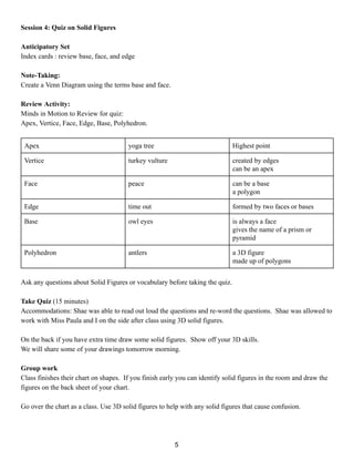 Session 4: Quiz on Solid Figures
Anticipatory Set
Index cards : review base, face, and edge
Note-Taking:
Create a Venn Diagram using the terms base and face.
Review Activity:
Minds in Motion to Review for quiz:
Apex, Vertice, Face, Edge, Base, Polyhedron.
Apex yoga tree Highest point
Vertice turkey vulture created by edges
can be an apex
Face peace can be a base
a polygon
Edge time out formed by two faces or bases
Base owl eyes is always a face
gives the name of a prism or
pyramid
Polyhedron antlers a 3D figure
made up of polygons
Ask any questions about Solid Figures or vocabulary before taking the quiz.
Take Quiz (15 minutes)
Accommodations: Shae was able to read out loud the questions and re-word the questions. Shae was allowed to
work with Miss Paula and I on the side after class using 3D solid figures.
On the back if you have extra time draw some solid figures. Show off your 3D skills.
We will share some of your drawings tomorrow morning.
Group work
Class finishes their chart on shapes. If you finish early you can identify solid figures in the room and draw the
figures on the back sheet of your chart.
Go over the chart as a class. Use 3D solid figures to help with any solid figures that cause confusion.
5
 