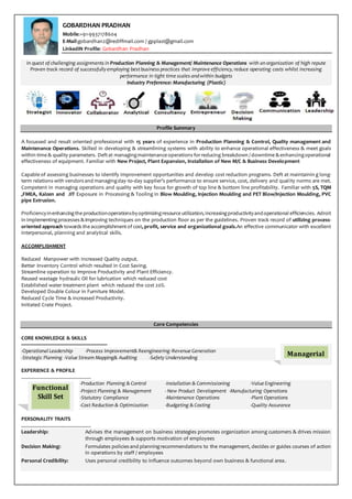 Functional
Skill Set
Managerial
GOBARDHAN PRADHAN
Mobile:+91-9937178604
E-Mail:gobardhan2@rediffmail.com / gpplast@gmail.com
LinkedIN Profile: Gobardhan Pradhan
In quest of challenging assignments in Production Planning & Management/ Maintenance Operations with anorganization of high repute
Proven track record of successfullyemploying bestbusiness practices that improve efficiency, reduce operating costs whilst increasing
performance in tight time scales andwithin budgets
Industry Preference: Manufacturing (Plastic)
Profile Summary
A focussed and result oriented professional with 15 years of experience in Production Planning & Control, Quality management and
Maintenance Operations. Skilled in developing & streamlining systems with ability to enhance operational effectiveness & meet goals
within time & quality parameters. Deftat managingmaintenance operations forreducing breakdown /downtime & enhancingoperational
effectiveness of equipment. Familiar with New Project, Plant Expansion, Installation of New M/C & Business Development
Capable of assessing businesses to identify improvement opportunities and develop cost reduction programs. Deft at maintainin g long-
term relations with vendors and managingday-to-day supplier’s performance to ensure service, cost, delivery and quality norms are met.
Competent in managing operations and quality with key focus for growth of top line & bottom line profitability. Familiar with 5S, TQM
,FMEA, Kaizen and JIT Exposure in Processing & Tooling in Blow Moulding, Injection Moulding and PET Blow/Injection Moulding, PVC
pipe Extrusion.
Proficiencyinenhancingthe productionoperationsbyoptimizingresource utilization, increasingproductivityandoperational efficiencies. Adroit
in implementingprocesses & improving techniques on the production floor as per the guidelines. Proven track record of utilizing process-
oriented approach towards the accomplishmentof cost, profit, service and organizational goals.An effective communicator with excellent
interpersonal, planning and analytical skills.
ACCOMPLISHMENT
Reduced Manpower with increased Quality output.
Better Inventory Control which resulted in Cost Saving.
Streamline operation to Improve Productivity and Plant Efficiency.
Reused wastage hydraulic Oil for lubrication which reduced cost
Established water treatment plant which reduced the cost 20%.
Developed Double Colour in Furniture Model.
Reduced Cycle Time & increased Productivity.
Initiated Crate Project.
Core Competencies
CORE KNOWLEDGE & SKILLS
-Operational Leadership -Process Improvement& Reengineering-Revenue Generation
-Strategic Planning -Value Stream Mapping& Auditing -Safety Understanding
EXPERIENCE & PROFILE
-Production Planning & Control -Installation & Commissioning -Value Engineering
-Project Planning & Management - New Product Development -Manufacturing Operations
-Statutory Compliance -Maintenance Operations -Plant Operations
-Cost Reduction & Optimization -Budgeting & Costing -Quality Assurance
PERSONALITY TRAITS
Leadership: Advises the management on business strategies promotes organization among customers & drives mission
through employees & supports motivation of employees
Decision Making: Formulates policies and planningrecommendations to the management, decides or guides courses of action
in operations by staff / employees
Personal Credibility: Uses personal credibility to influence outcomes beyond own business & functional area.
 