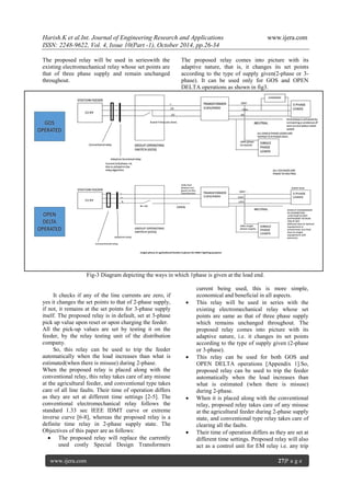 Harish.K et al.Int. Journal of Engineering Research and Applications www.ijera.com
ISSN: 2248-9622, Vol. 4, Issue 10(Part -1), October 2014, pp.26-34
www.ijera.com 27|P a g e
The proposed relay will be used in serieswith the
existing electromechanical relay whose set points are
that of three phase supply and remain unchanged
throughout.
The proposed relay comes into picture with its
adaptive nature, that is, it changes its set points
according to the type of supply given(2-phase or 3-
phase). It can be used only for GOS and OPEN
DELTA operations as shown in fig3.
Fig-3 Diagram depicting the ways in which 1phase is given at the load end.
It checks if any of the line currents are zero, if
yes it changes the set points to that of 2-phase supply,
if not, it remains at the set points for 3-phase supply
itself. The proposed relay is in default, set at 3-phase
pick up value upon reset or upon charging the feeder.
All the pick-up values are set by testing it on the
feeder, by the relay testing unit of the distribution
company.
So, this relay can be used to trip the feeder
automatically when the load increases than what is
estimated(when there is misuse) during 2-phase.
When the proposed relay is placed along with the
conventional relay, this relay takes care of any misuse
at the agricultural feeder, and conventional type takes
care of all line faults. Their time of operation differs
as they are set at different time settings [2-5]. The
conventional electromechanical relay follows the
standard 1.33 sec IEEE IDMT curve or extreme
inverse curve [6-8], whereas the proposed relay is a
definite time relay in 2-phase supply state. The
Objectives of this paper are as follows:
 The proposed relay will replace the currently
used costly Special Design Transformers
current being used, this is more simple,
economical and beneficial in all aspects.
 This relay will be used in series with the
existing electromechanical relay whose set
points are same as that of three phase supply
which remains unchanged throughout. The
proposed relay comes into picture with its
adaptive nature, i.e. it changes its set points
according to the type of supply given (2-phase
or 3-phase).
 This relay can be used for both GOS and
OPEN DELTA operations [Appendix 1].So,
proposed relay can be used to trip the feeder
automatically when the load increases than
what is estimated (when there is misuse)
during 2-phase.
 When it is placed along with the conventional
relay, proposed relay takes care of any misuse
at the agricultural feeder during 2-phase supply
state, and conventional type relay takes care of
clearing all the faults.
 Their time of operation differs as they are set at
different time settings. Proposed relay will also
act as a control unit for EM relay i.e. any trip
 