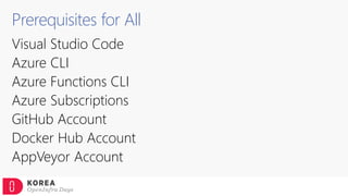 Prerequisites for All
Visual Studio Code
Azure CLI
Azure Functions CLI
Azure Subscriptions
GitHub Account
Docker Hub Account
AppVeyor Account
 
