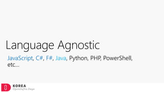 Language Agnostic
JavaScript, C#, F#, Java, Python, PHP, PowerShell,
etc…
 