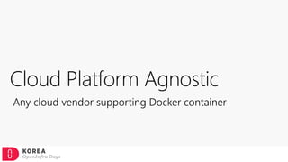 Cloud Platform Agnostic
Any cloud vendor supporting Docker container
 