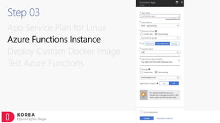 Step 03
App Service Plan for Linux
Azure Functions Instance
Deploy Custom Docker Image
Test Azure Functions
 