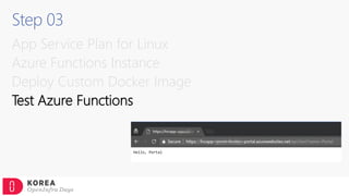 Step 03
App Service Plan for Linux
Azure Functions Instance
Deploy Custom Docker Image
Test Azure Functions
 